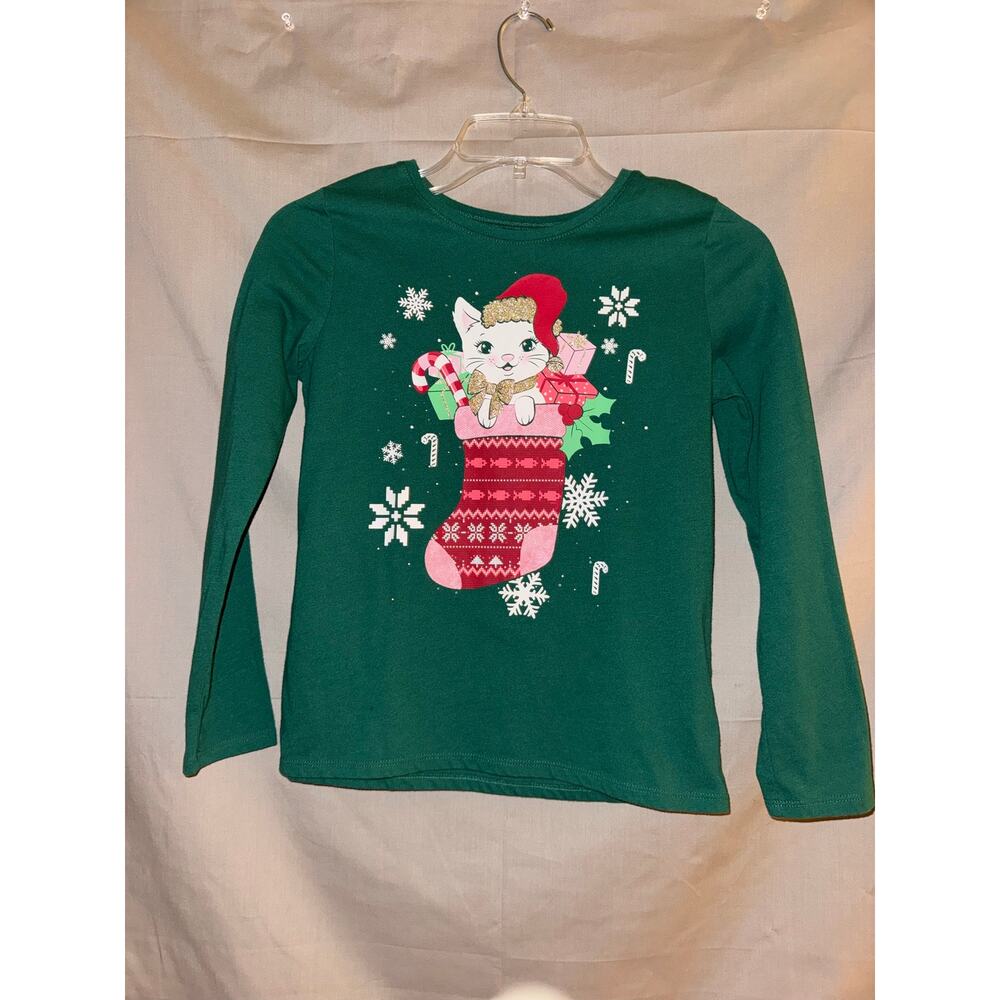 The Children’s Place Girls Christmas Cat Stocking Green Shirt, Size L (10/12) - Picture 5 of 5